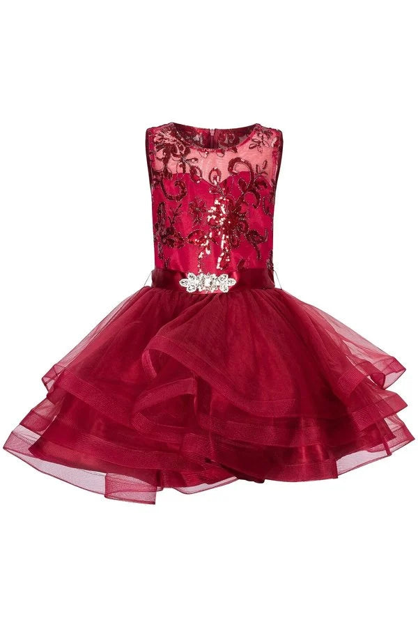 Girl sequin lace dress with rhinestone broach wait and super fluffy triple layer tulle skirt