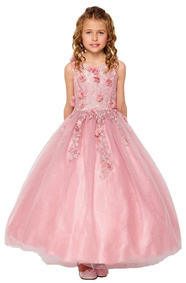 Girl elegant 3D flowers with ab rhinestones, sparkling shiny tulle floor length dress with spaghetti back