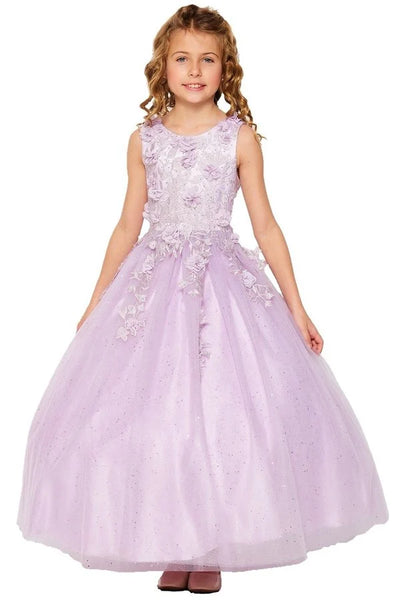 Girl elegant 3D flowers with ab rhinestones, sparkling shiny tulle floor length dress with spaghetti back