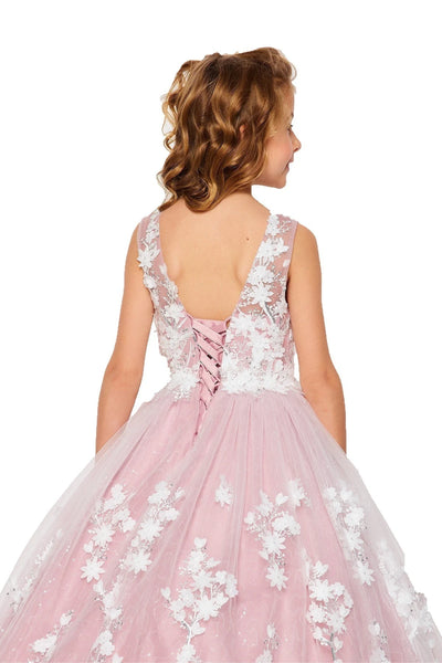 Girl elegant 3D Floral Appliqué Lace sequin gown with corset back tie