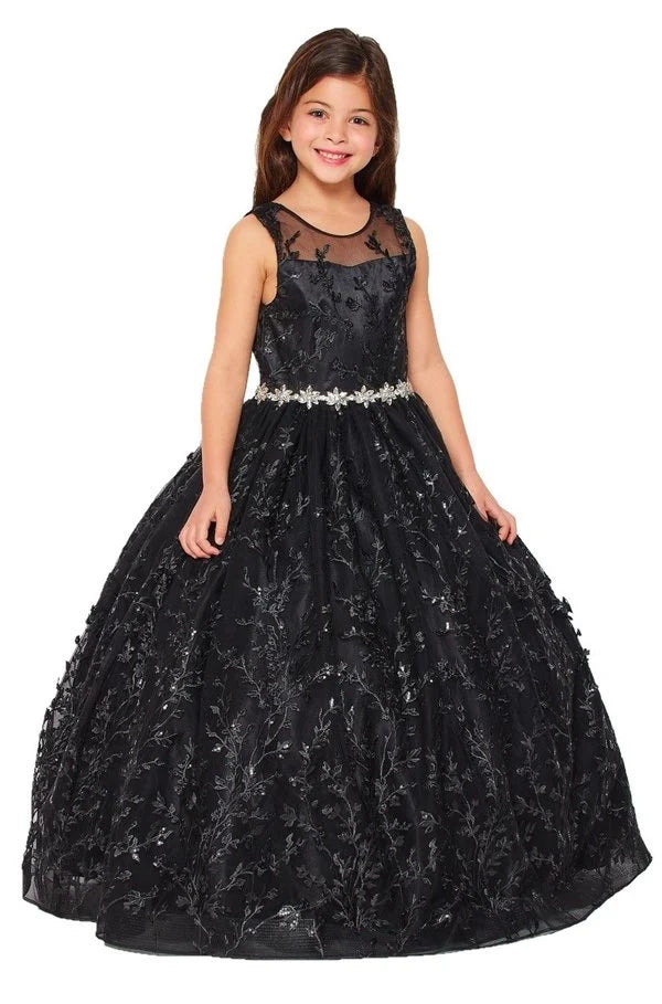 Girl dress with elegant glitter embroidered lace floor length ball gown with corset back tie, waist with quality rhinestone belt