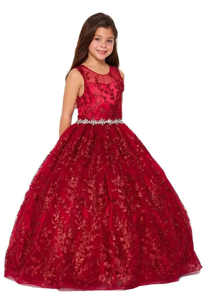 Girl dress with elegant glitter embroidered lace floor length ball gown with corset back tie, waist with quality rhinestone belt