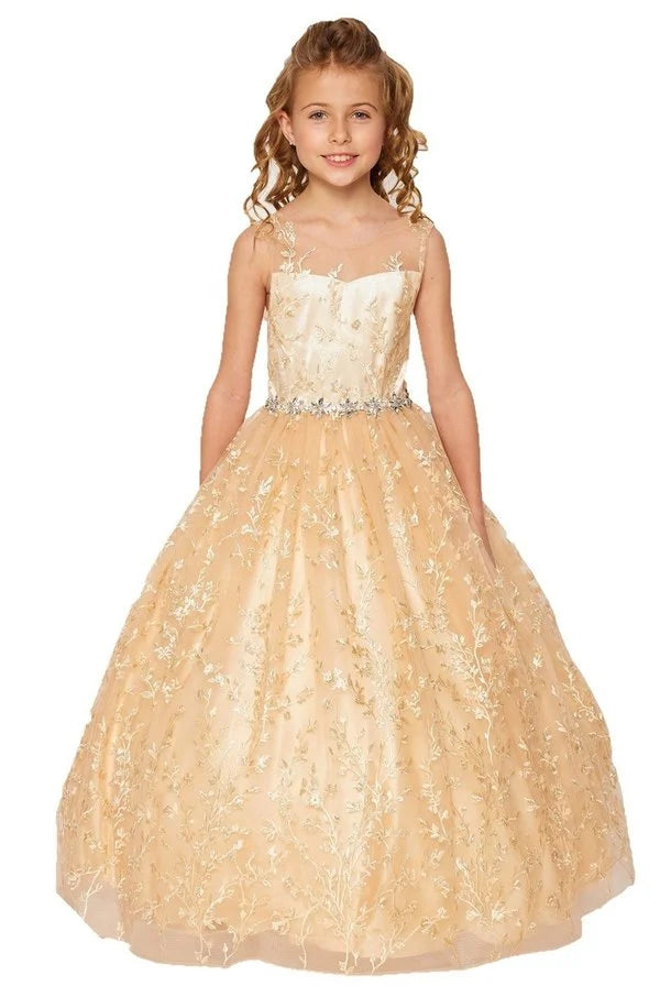 Girl dress with elegant glitter embroidered lace floor length ball gown with corset back tie, waist with quality rhinestone belt