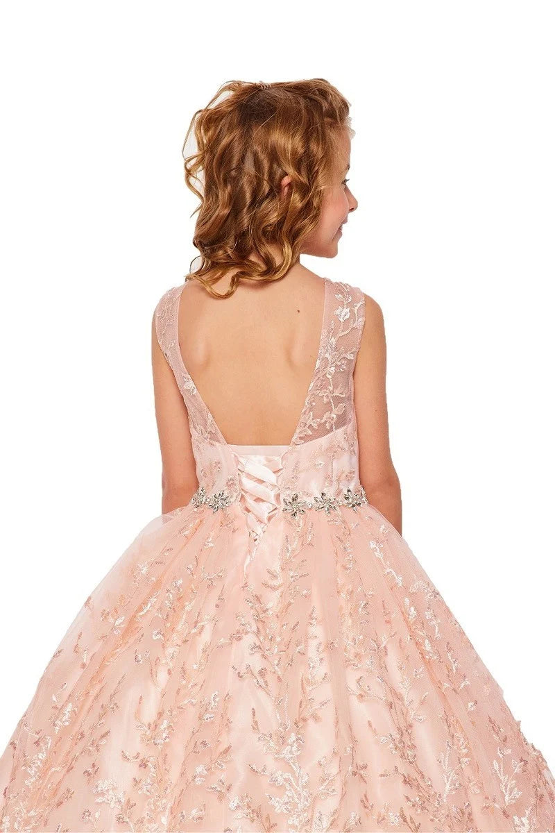 Girl dress with elegant glitter embroidered lace floor length ball gown with corset back tie, waist with quality rhinestone belt