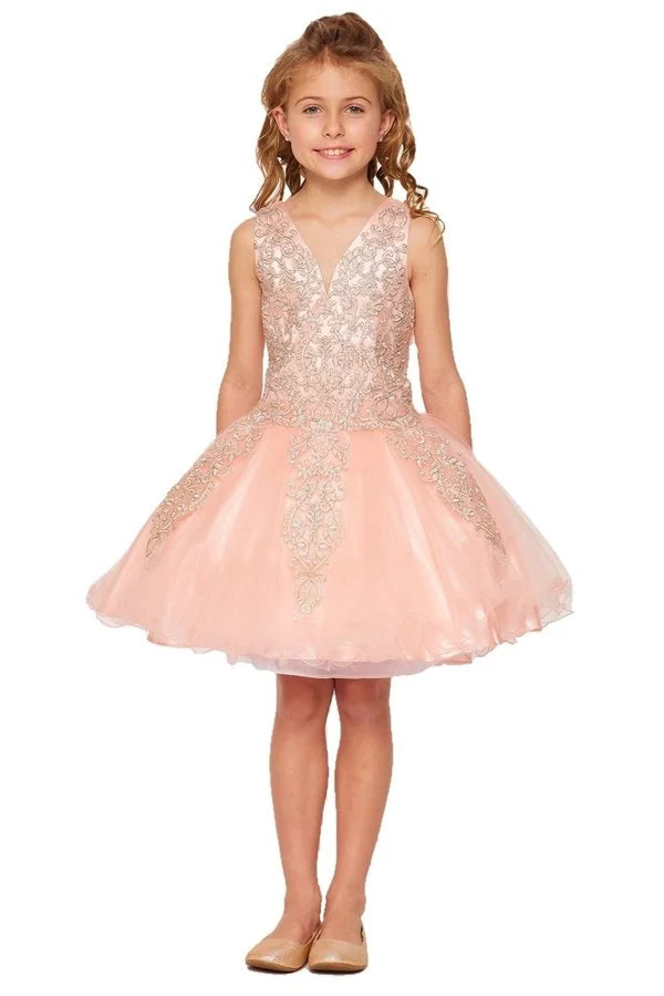 Girl tulle short dress with gold coil lace studded with stunning AB rhinestone