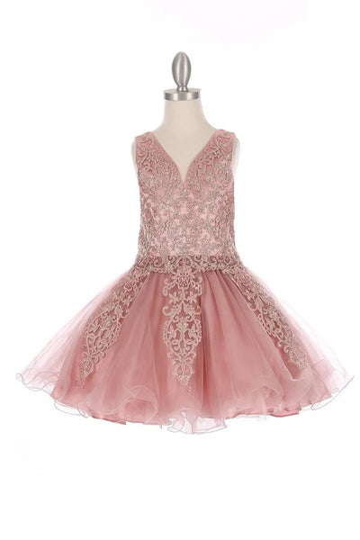 Girl tulle short dress with gold coil lace studded with stunning AB rhinestone