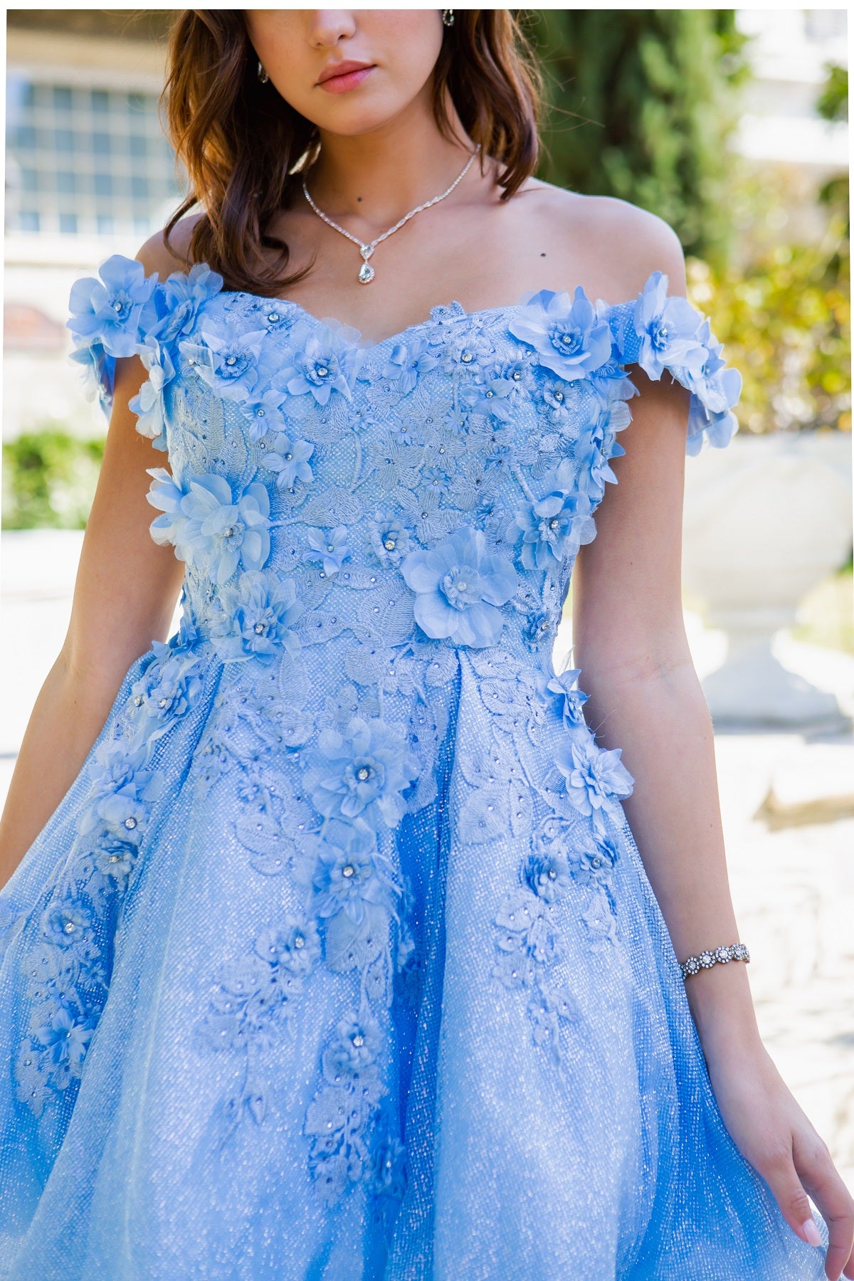 Prom and Party short dress with flower glitter and off shoulder