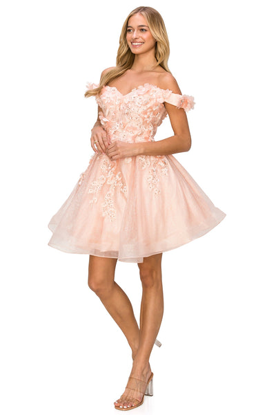 Prom and Party short dress with flower glitter and off shoulder