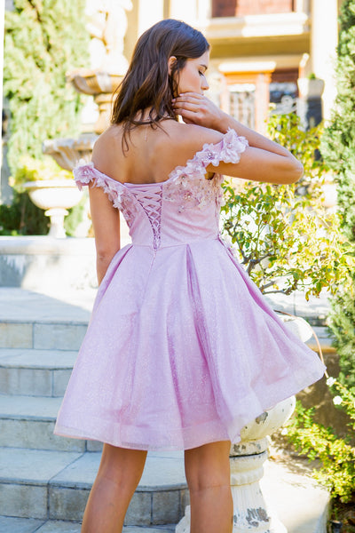 Prom and Party short dress with flower glitter and off shoulder