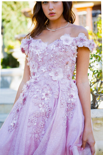 Prom and Party short dress with flower glitter and off shoulder