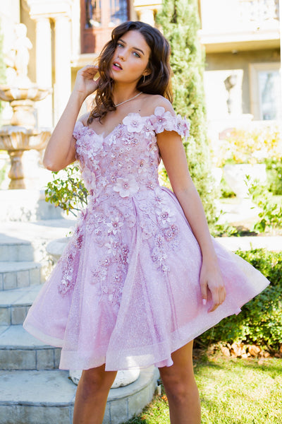 Prom and Party short dress with flower glitter and off shoulder