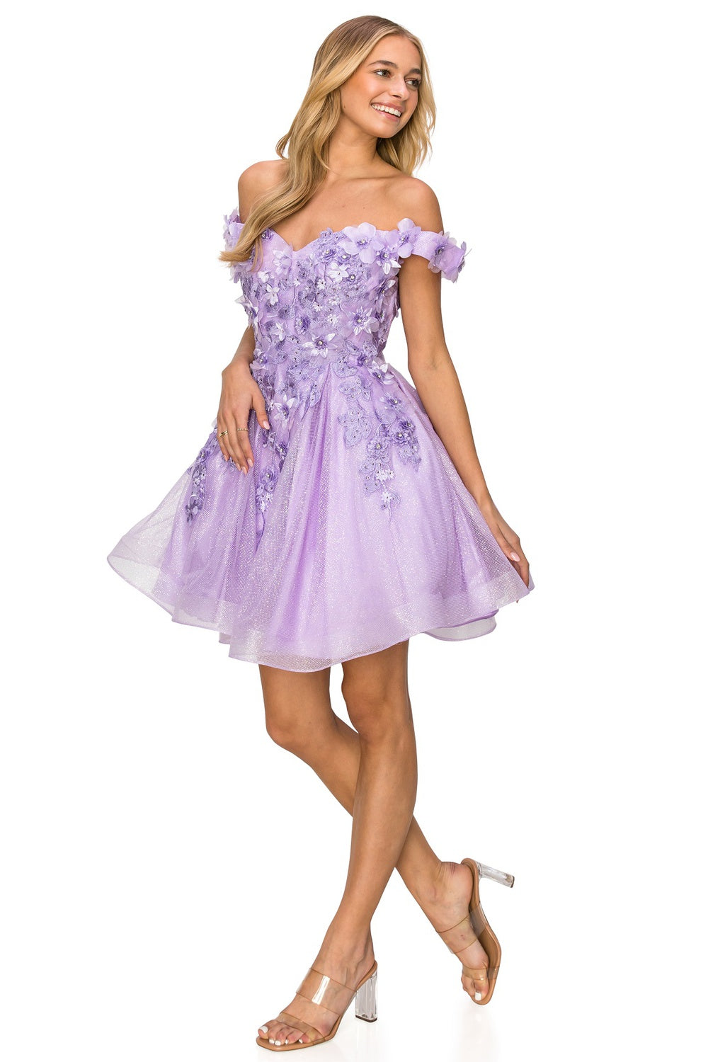 Prom and Party short dress with flower glitter and off shoulder