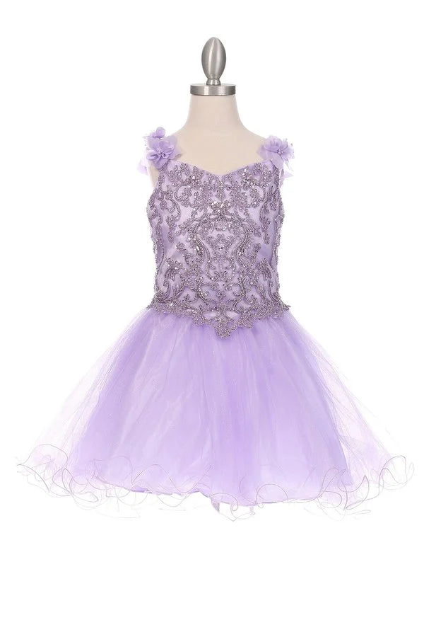 Girl handcrafted bead top decorated with 3d flower with strap and shinny glitter tulle skirt