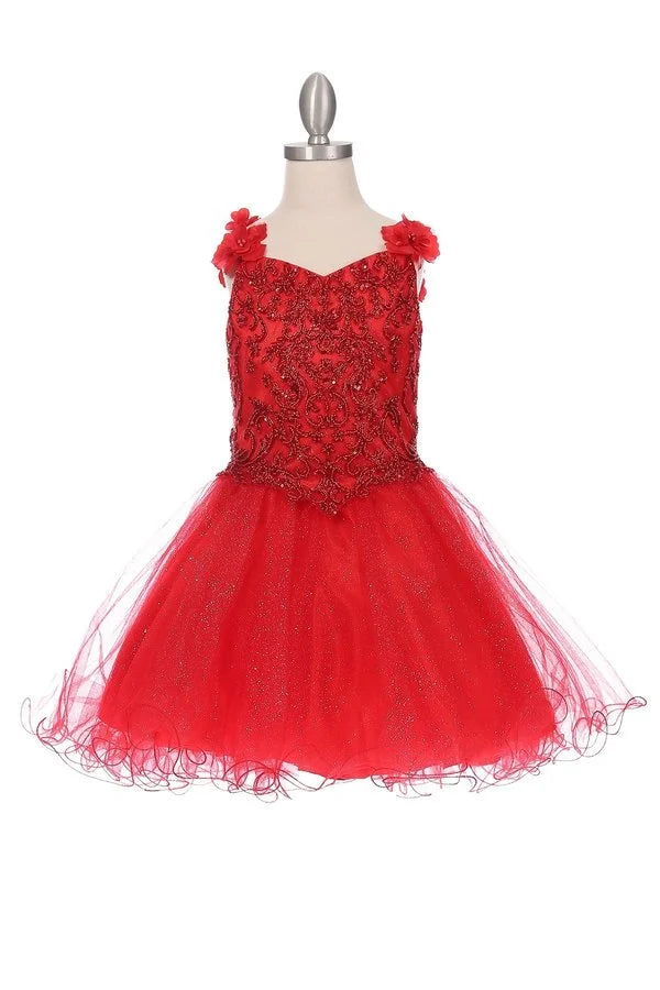 Girl handcrafted bead top decorated with 3d flower with strap and shinny glitter tulle skirt