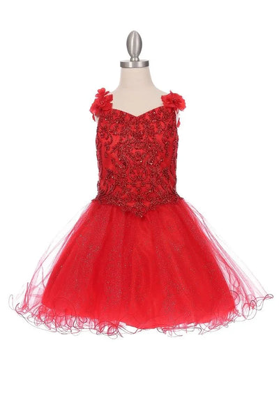 Girl handcrafted bead top decorated with 3d flower with strap and shinny glitter tulle skirt