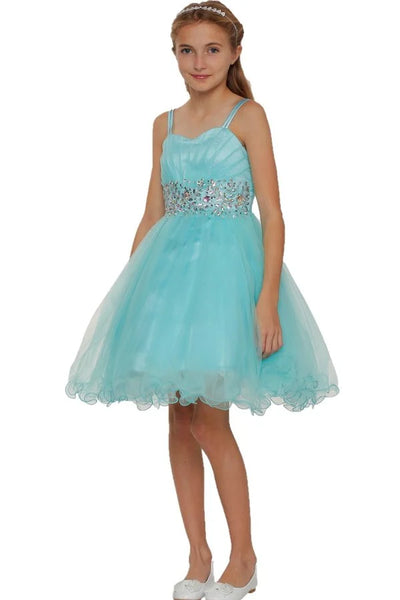 Girl spaghetti tulle dress with stone design waistline and adjustable shoulder straps