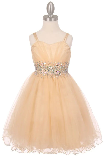 Girl spaghetti tulle dress with stone design waistline and adjustable shoulder straps