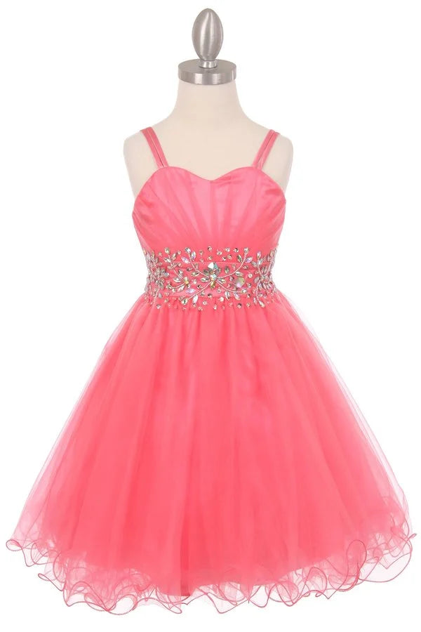 Girl spaghetti tulle dress with stone design waistline and adjustable shoulder straps