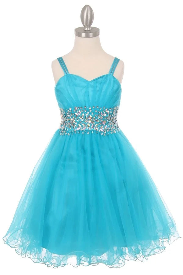 Girl spaghetti tulle dress with stone design waistline and adjustable shoulder straps