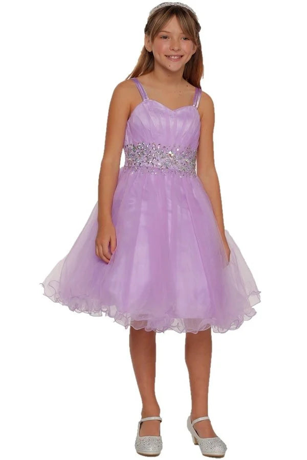 Girl spaghetti tulle dress with stone design waistline and adjustable shoulder straps