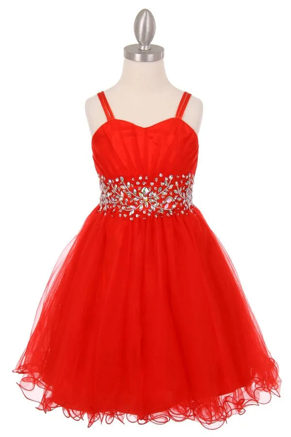 Girl spaghetti tulle dress with stone design waistline and adjustable shoulder straps