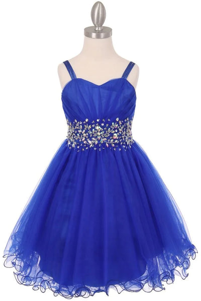 Girl spaghetti tulle dress with stone design waistline and adjustable shoulder straps