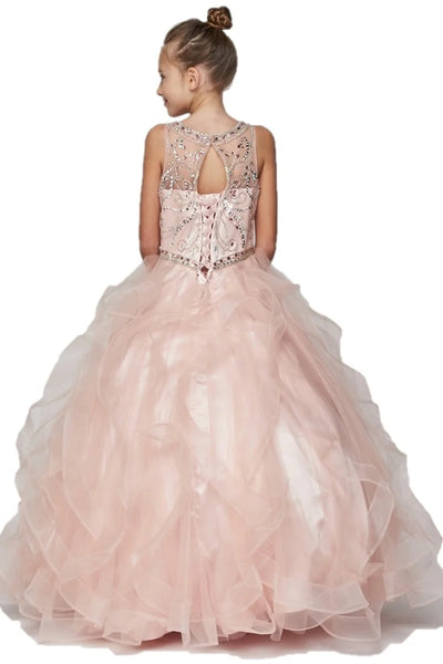 Girl dress gown with scoop neckline with jewel beads and rhinestone with layers of ruffle skirt