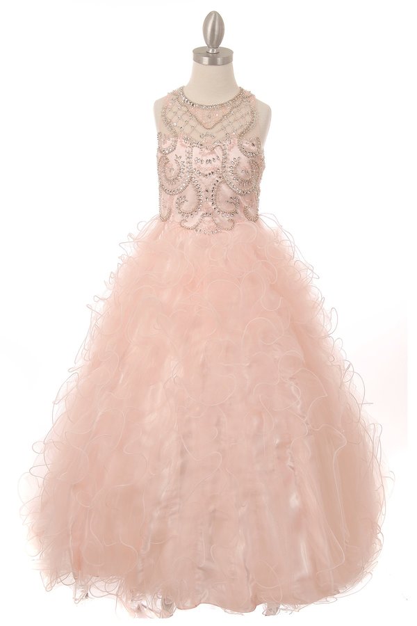 Girl dress gown with scoop neckline with full rhinestone beads and tulle ruffle gown skirt