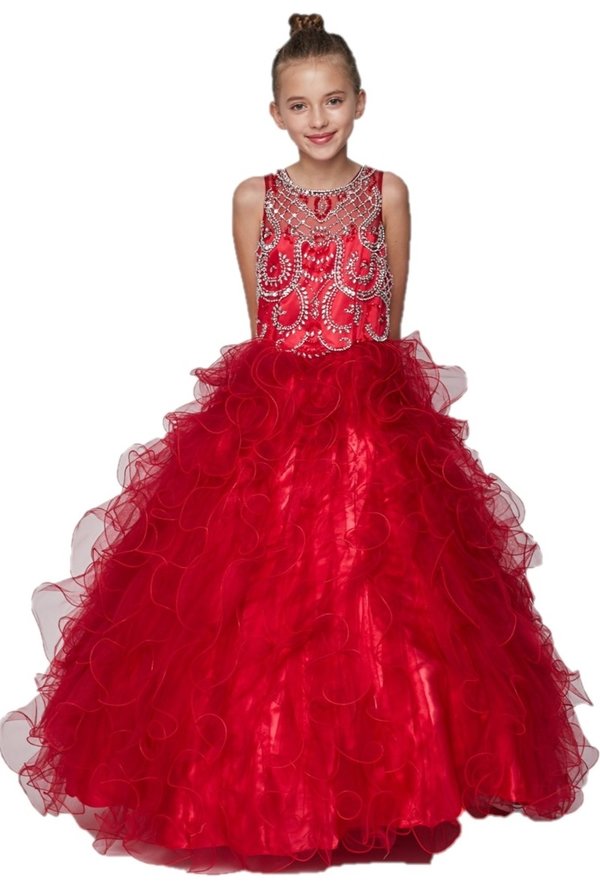 Girl dress gown with scoop neckline with full rhinestone beads and tulle ruffle gown skirt