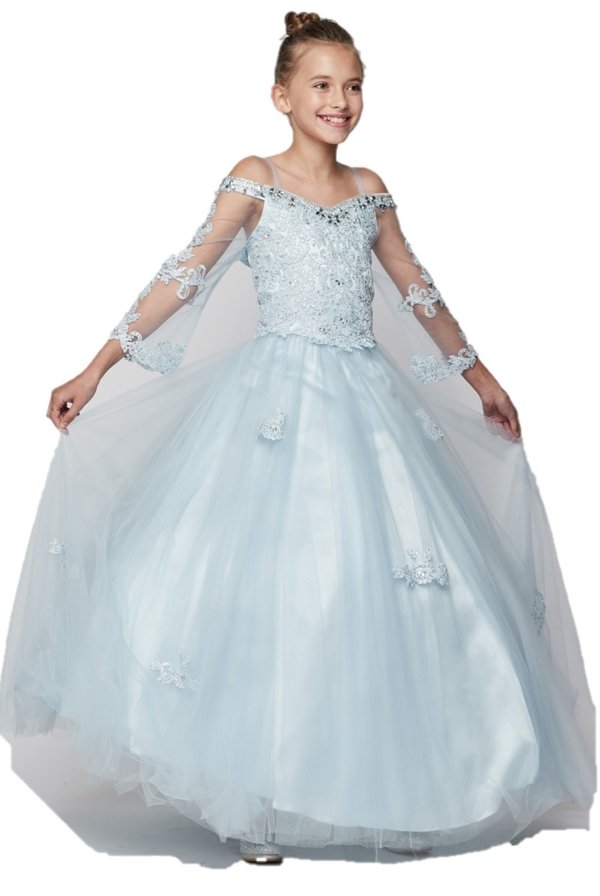 Girl elegant off shoulder with long sleeves, jewel beaded neckline with rhinestone beaded Appliques lace bodice and skirt with layers of tulle soft A-line skirt