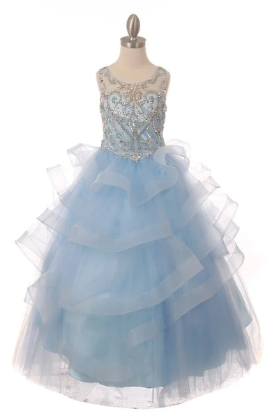 Girl dress with scoop neckline with jewel beaded with rhinestone and sequin bodice