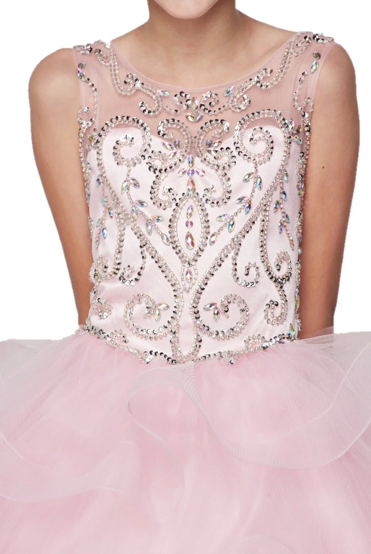 Girl dress with scoop neckline with jewel beaded with rhinestone and sequin bodice