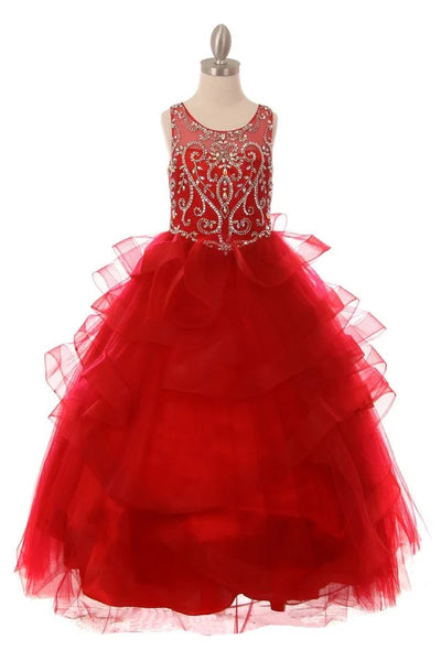 Girl dress with scoop neckline with jewel beaded with rhinestone and sequin bodice