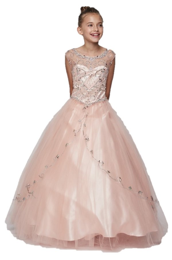 Girl elegant hand beaded rhinestone Bateau neckline dress with curtain layers of stones on the long tulle skirt with lace up back