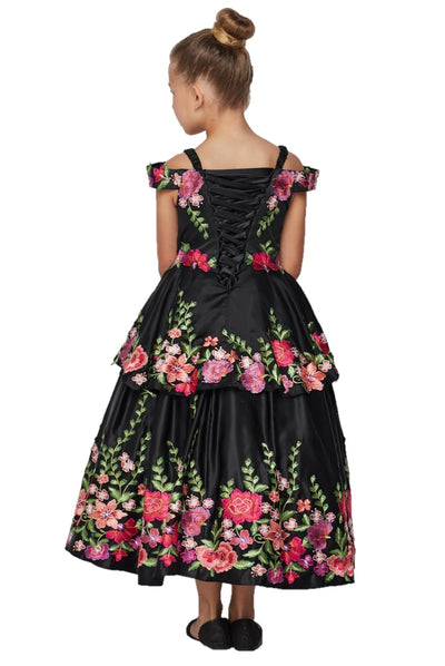 Girl beautiful ball gown features off shoulder with elastic strap bodice embellished with vibrant floral embroidery