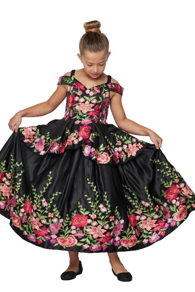 Girl beautiful ball gown features off shoulder with elastic strap bodice embellished with vibrant floral embroidery