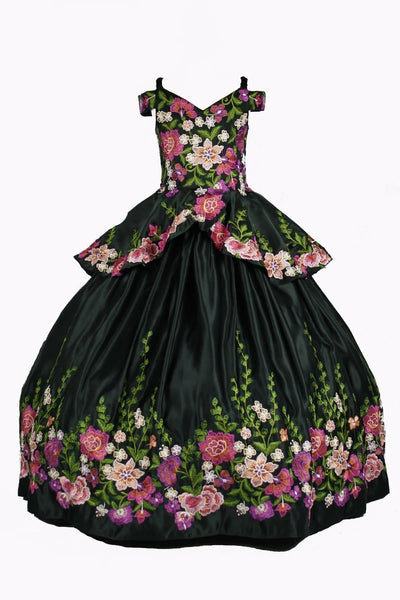 Girl beautiful ball gown features off shoulder with elastic strap bodice embellished with vibrant floral embroidery