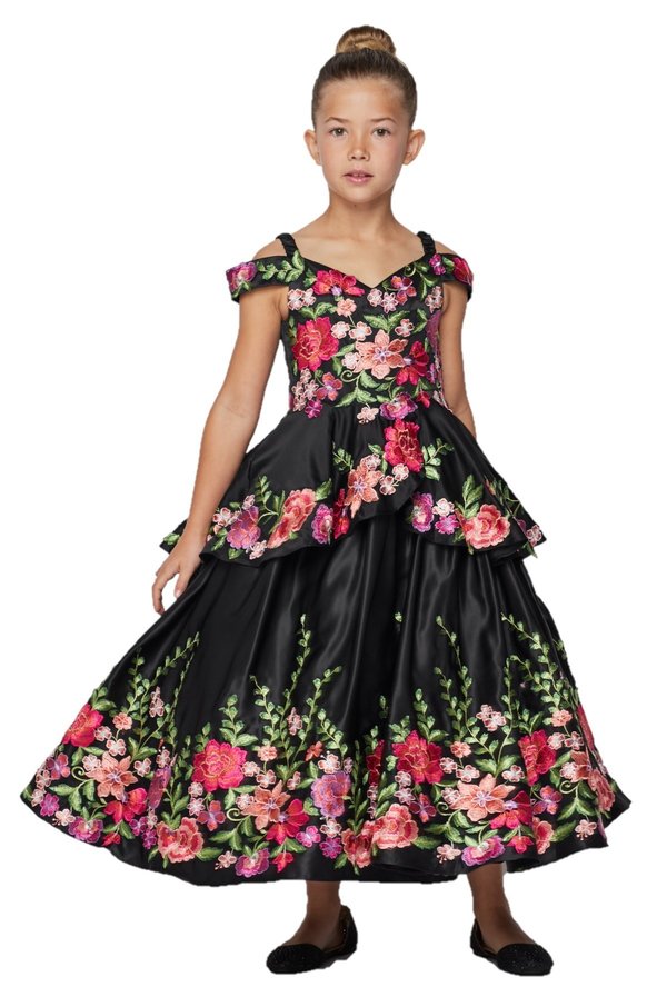 Girl beautiful ball gown features off shoulder with elastic strap bodice embellished with vibrant floral embroidery