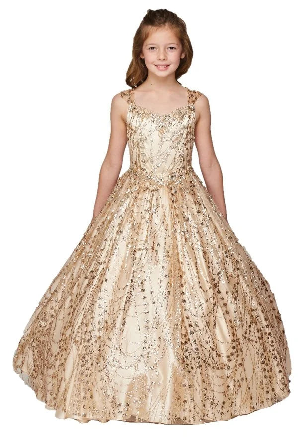 Girl dazzling metallic glitter sweetheart bodice neckline long pageant dress with spaghetti corset back