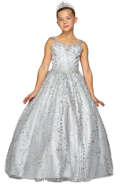 Girl dazzling metallic glitter sweetheart bodice neckline long pageant dress with spaghetti corset back