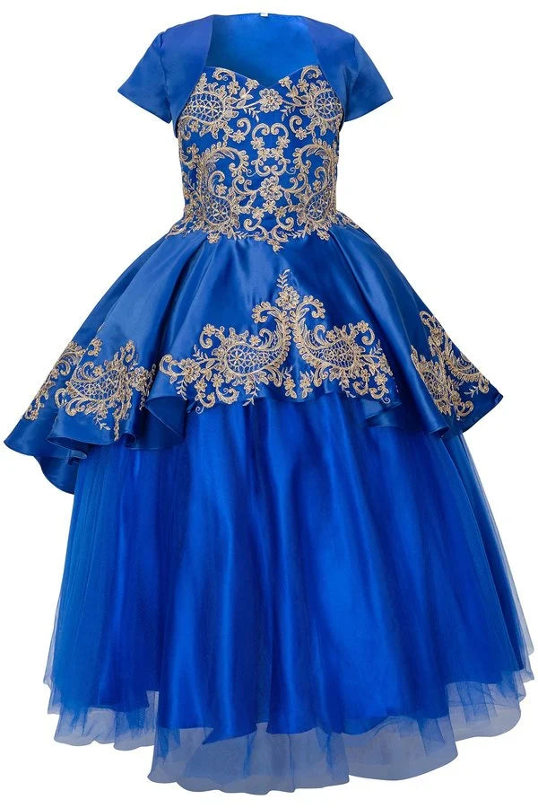 Girl elegant breathtaking 3-piece long strap lace dress with removable A-line skirt and bolero jacket, 3 piece style ball gown with corseted lace applique bodice