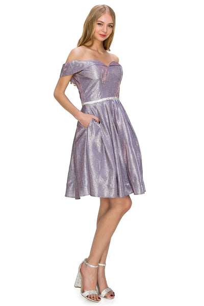 FINAL SALE: women short dress off the shoulder neckline with fitted bodice and thin belt