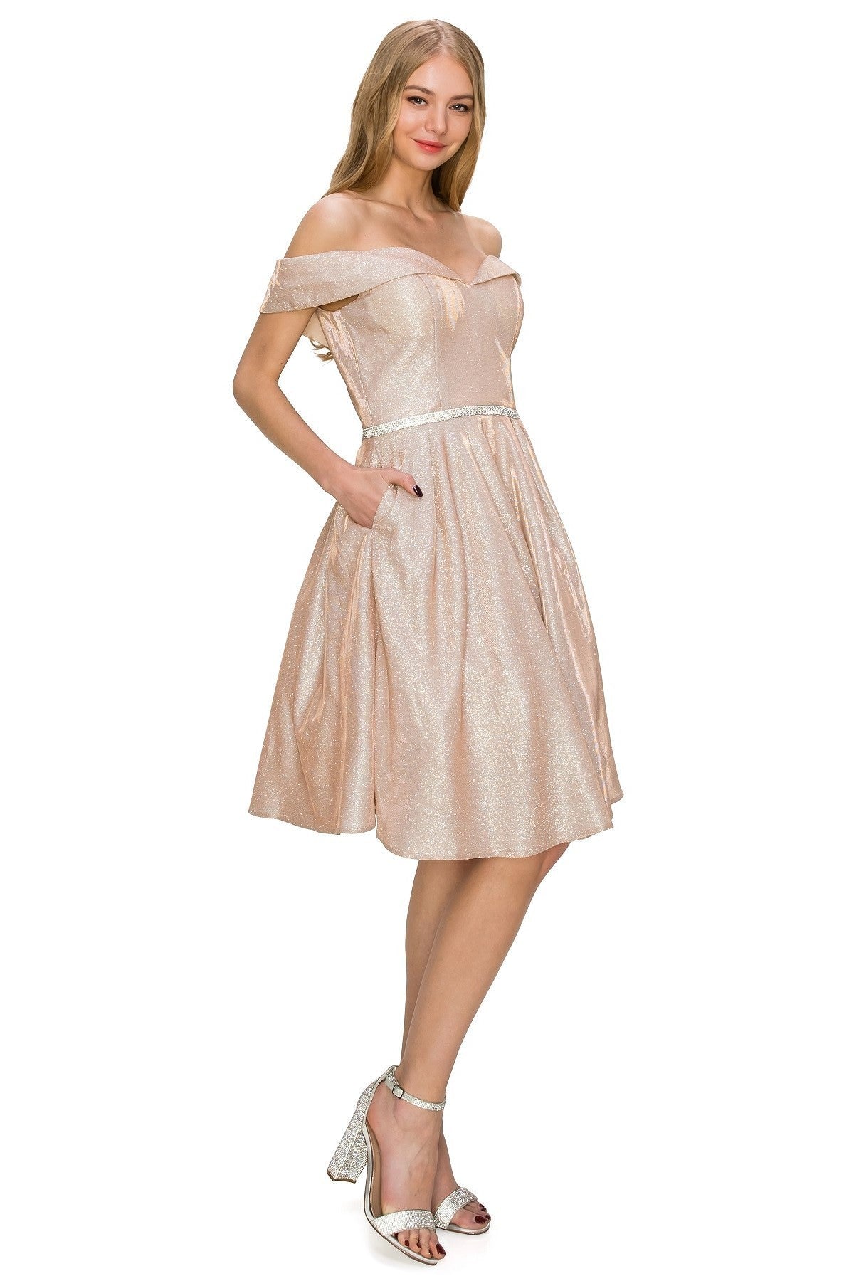 FINAL SALE: women short dress off the shoulder neckline with fitted bodice and thin belt