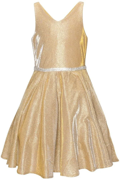 Girl cute metallic V neck pocket dress with rhinestone belt waistline with zipper closure