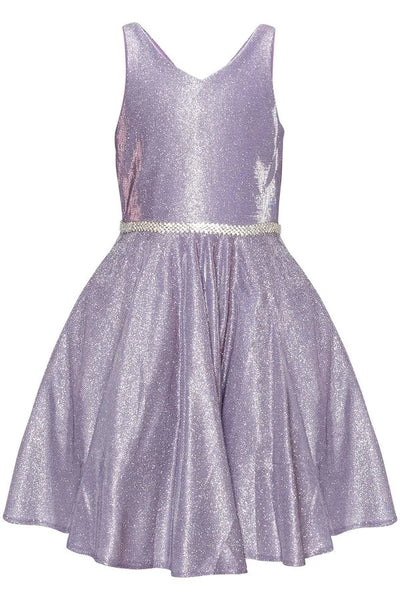 Girl cute metallic V neck pocket dress with rhinestone belt waistline with zipper closure