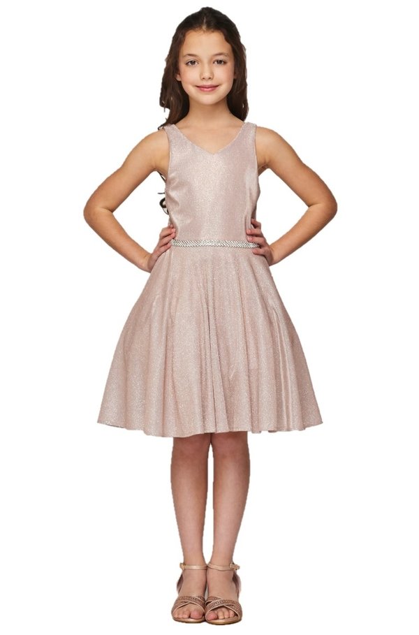 Girl cute metallic V neck pocket dress with rhinestone belt waistline with zipper closure