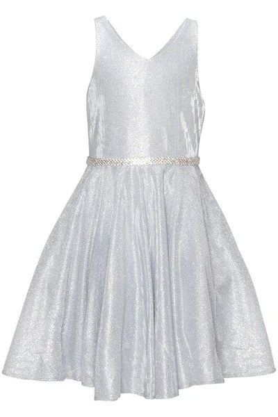 Girl cute metallic V neck pocket dress with rhinestone belt waistline with zipper closure