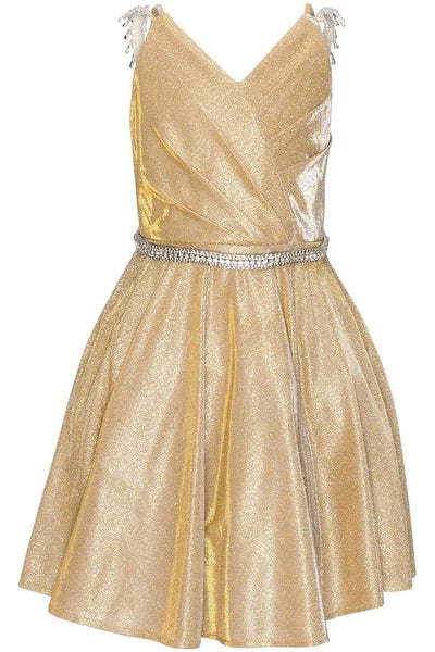 Girl cute metallic V neck overlap pleated pocket dress with rhinestone gems on shoulder and waistline