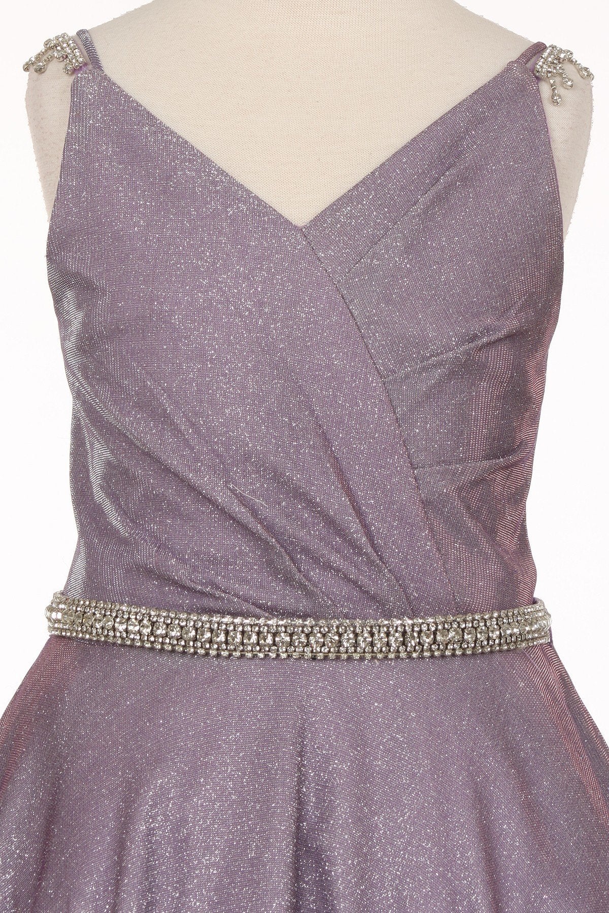 Girl cute metallic V neck overlap pleated pocket dress with rhinestone gems on shoulder and waistline