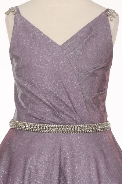 Girl cute metallic V neck overlap pleated pocket dress with rhinestone gems on shoulder and waistline